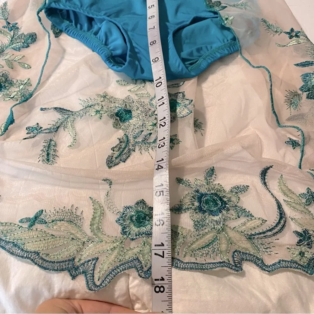 Solo custom dance costume 2 piece teal lyrical  rhinestoned embroidered MC child